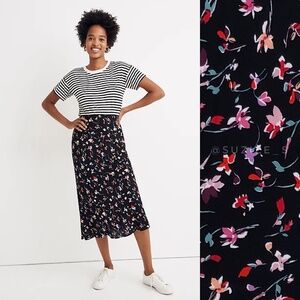 Madewell Drifting Flowers Black Floral Print Midi Slip Skirt 4 NWT